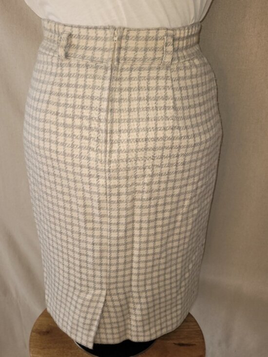Vintage Neutral Color Wool Blend Plaid Pencil Skirt - Picture 5 of 13